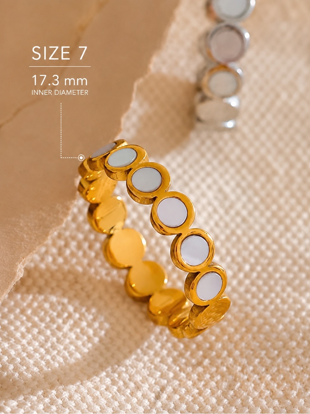 Gold Tone ring with White Inlay Discs - Picture 5 of 7